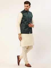 Men's Solid Kurta Pyjama With Teal Floral Embroidered Nehru Jacket( JOKPWC W-D 4034Teal )