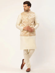 Men's Solid Kurta Pyjama With Beige Floral Embroidered Nehru Jacket( JOKPWC W-D 4035Beige )