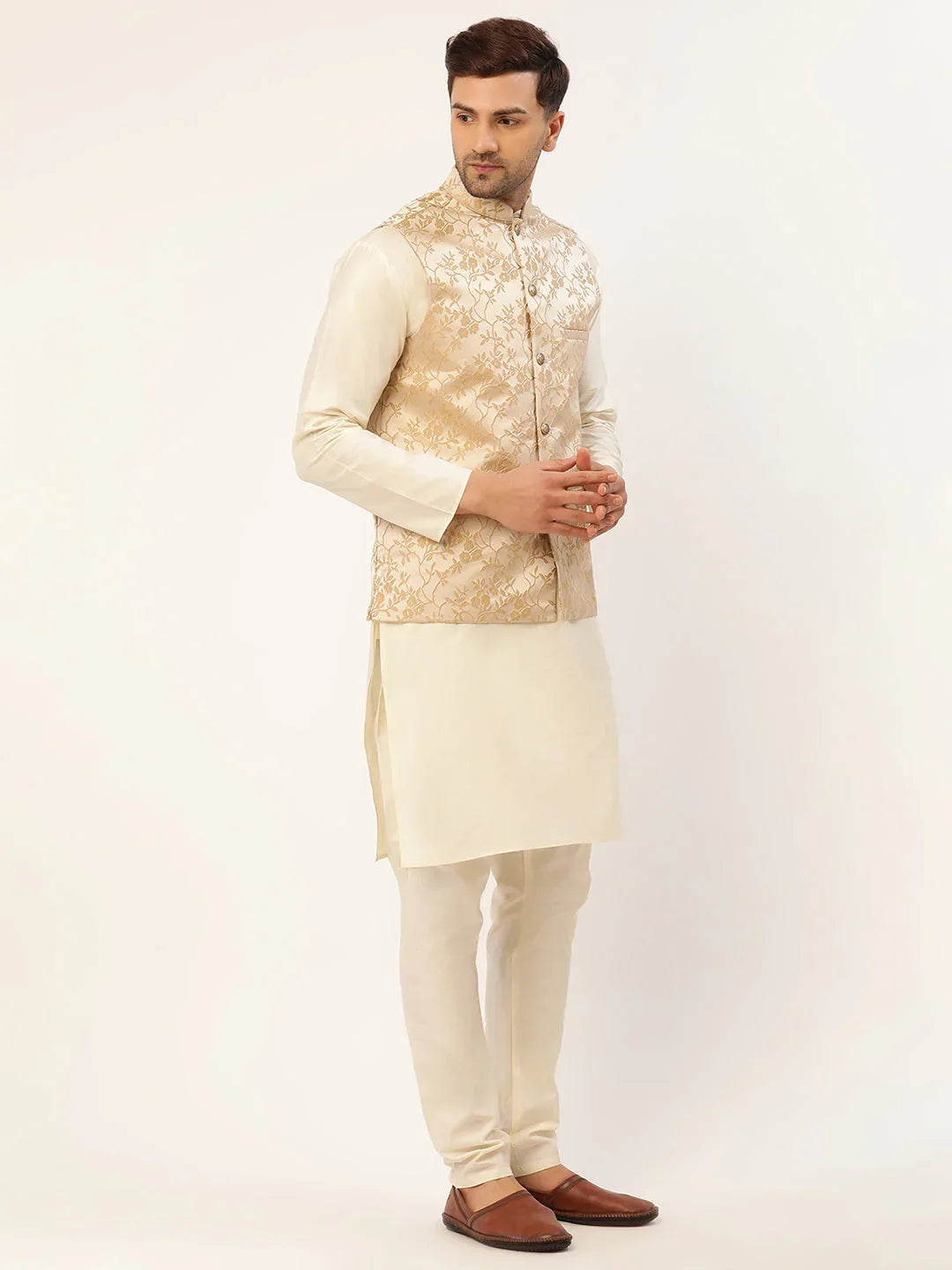 DesiQlo Men Ethnic Set with waistcoat - Beige - JOKPWC_W-D_4035Beige_S
