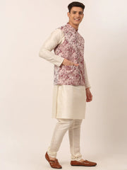 Men's Solid Kurta Pyjama With Maroon Floral Embroidered Nehru Jacket( JOKPWC W-D 4035Maroon )