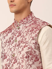 Men's Solid Kurta Pyjama With Maroon Floral Embroidered Nehru Jacket( JOKPWC W-D 4035Maroon )