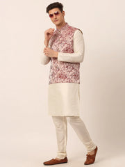 Men's Solid Kurta Pyjama With Maroon Floral Embroidered Nehru Jacket( JOKPWC W-D 4035Maroon )