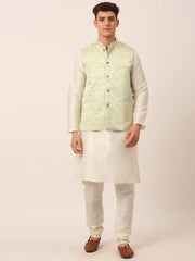 Men's Solid Kurta Pyjama With Pista Green Floral Embroidered Nehru Jacket( JOKPWC W-D 4035Pista )