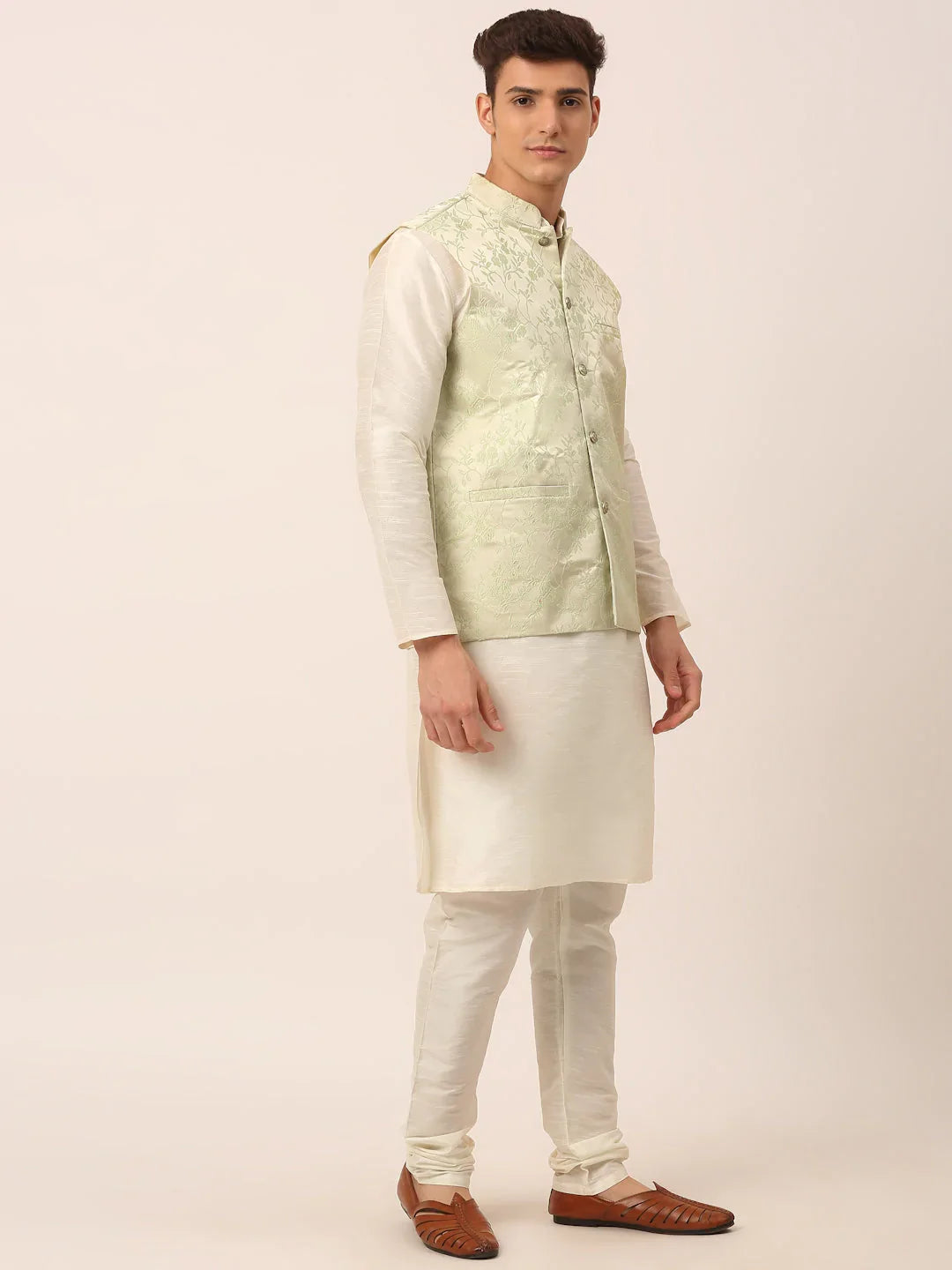 DesiQlo Men Ethnic Set with waistcoat - Green - JOKPWC_W-D_4035Pista_S