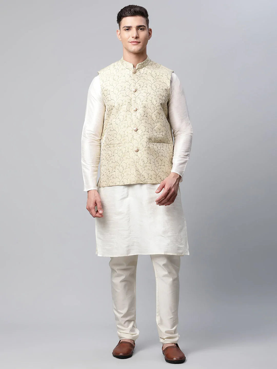 DesiQlo Men Ethnic Set with waistcoat - Beige - JOKPWC_W-D_4039Beige_S