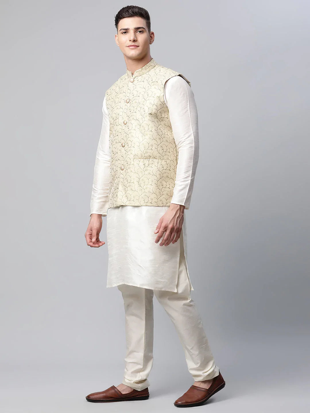 DesiQlo Men Ethnic Set with waistcoat - Beige - JOKPWC_W-D_4039Beige_S