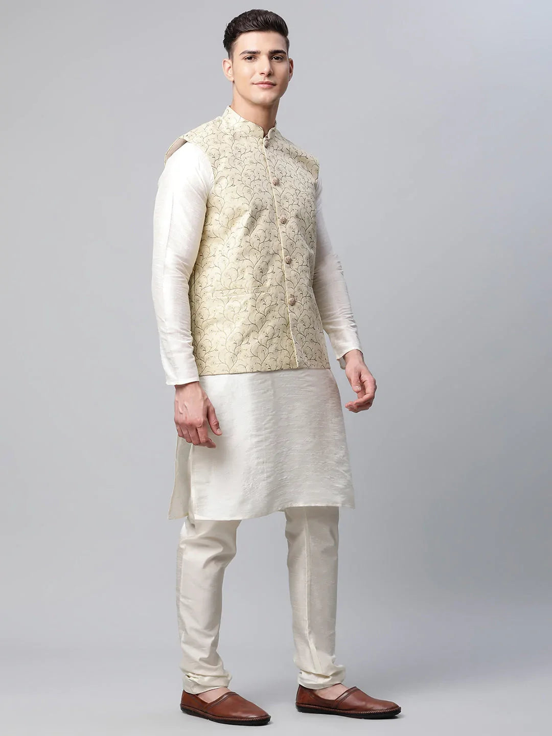 DesiQlo Men Ethnic Set with waistcoat - Beige - JOKPWC_W-D_4039Beige_S