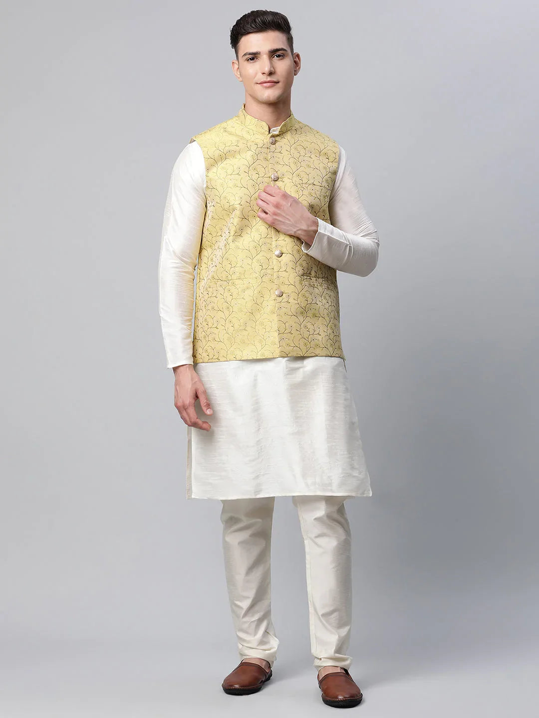 Men Dupion Silk Kurta Pyjama With Lemon Printed Nehru Jacket( JOKPWC W-D 4039Lemon )