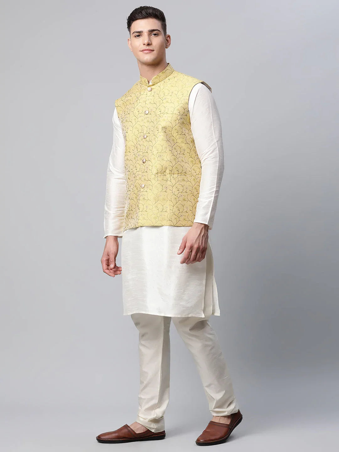 DesiQlo Men Ethnic Set with waistcoat - Yellow - JOKPWC_W-D_4039Lemon_