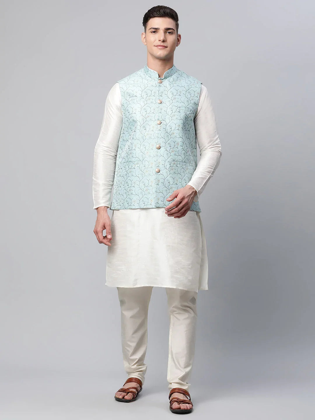 Men Dupion Silk Kurta Pyjama With Sky Blue Printed Nehru Jacket( JOKPWC W-D 4039Sky )