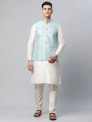 Men Dupion Silk Kurta Pyjama With Sky Blue Printed Nehru Jacket( JOKPWC W-D 4039Sky )