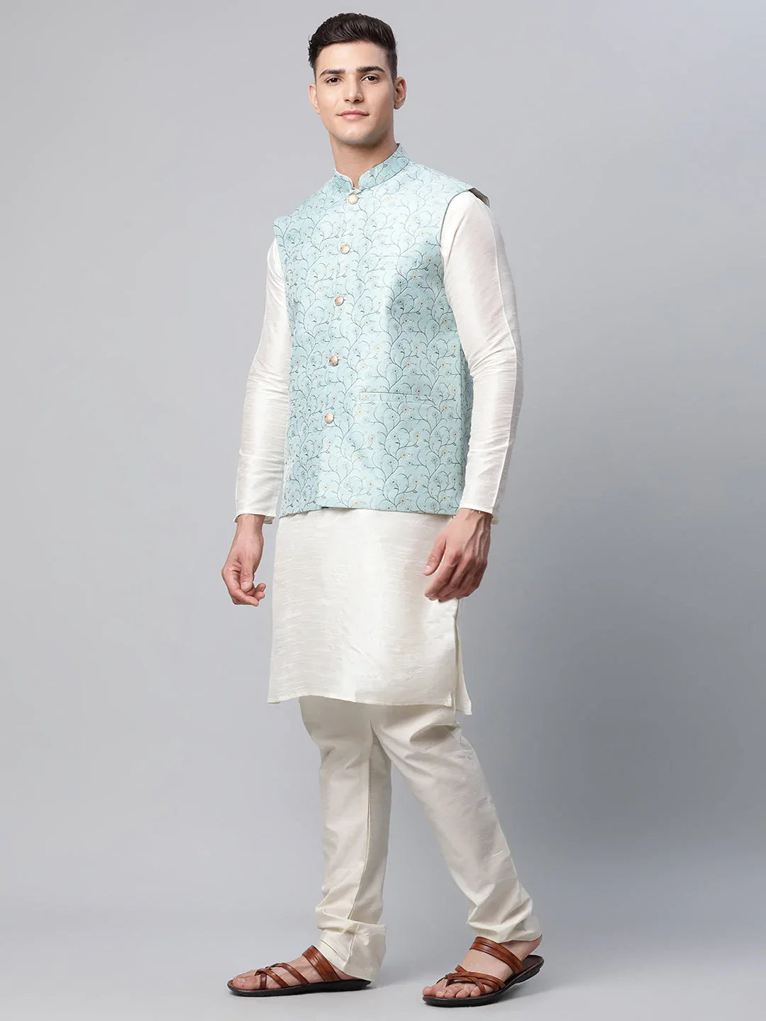 DesiQlo Men Ethnic Set with waistcoat - Blue - JOKPWC_W-D_4039Sky_S