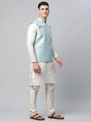 Men Dupion Silk Kurta Pyjama With Sky Blue Printed Nehru Jacket( JOKPWC W-D 4039Sky )