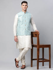 Men Dupion Silk Kurta Pyjama With Sky Blue Printed Nehru Jacket( JOKPWC W-D 4039Sky )