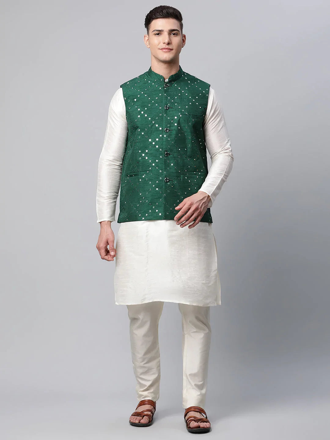 DesiQlo Men Ethnic Set with waistcoat - Green - JOKPWC_W-D_4040Green_S