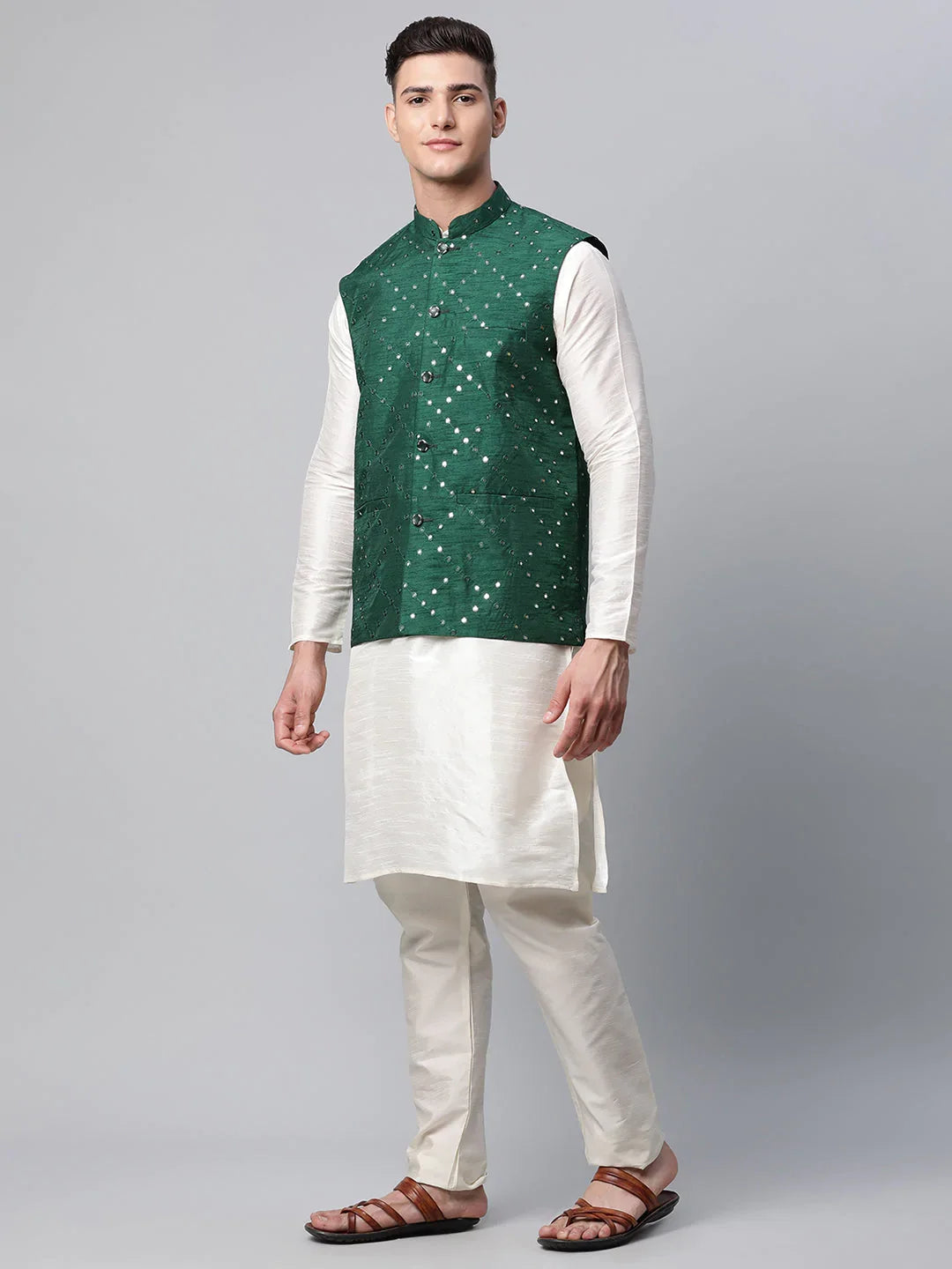 DesiQlo Men Ethnic Set with waistcoat - Green - JOKPWC_W-D_4040Green_S