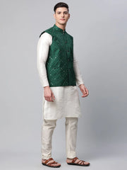 Men Dupion Silk Kurta Pyjama With Green Mirror Work Nehru Jacket( JOKPWC W-D 4040Green )