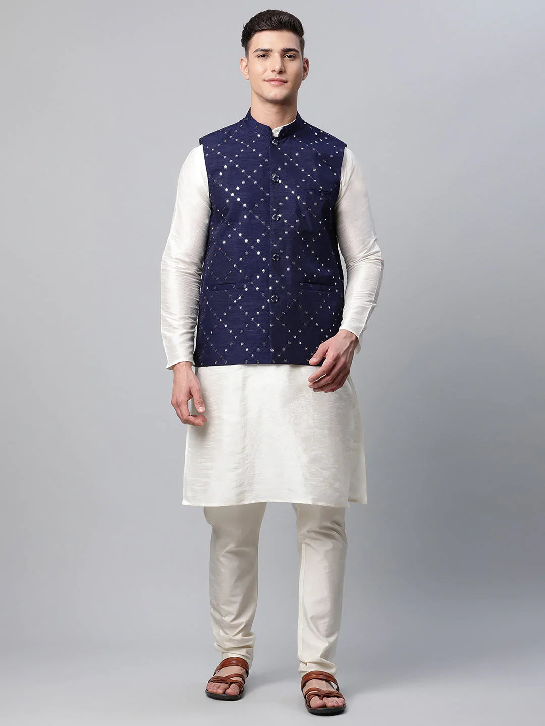 Men Dupion Silk Kurta Pyjama With Navy Mirror Work Nehru Jacket( JOKPWC W-D 4040Navy )