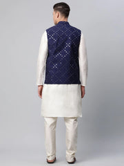 Men Dupion Silk Kurta Pyjama With Navy Mirror Work Nehru Jacket( JOKPWC W-D 4040Navy )