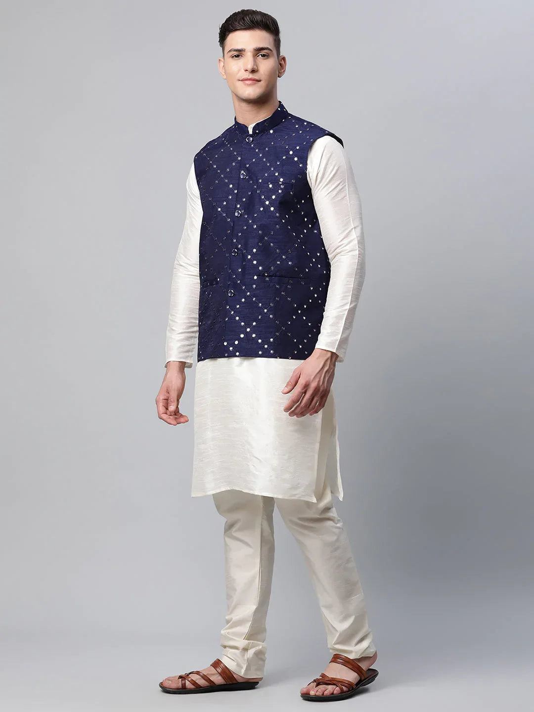 DesiQlo Men Ethnic Set with waistcoat - Blue - JOKPWC_W-D_4040Navy_S