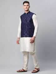 Men Dupion Silk Kurta Pyjama With Navy Mirror Work Nehru Jacket( JOKPWC W-D 4040Navy )