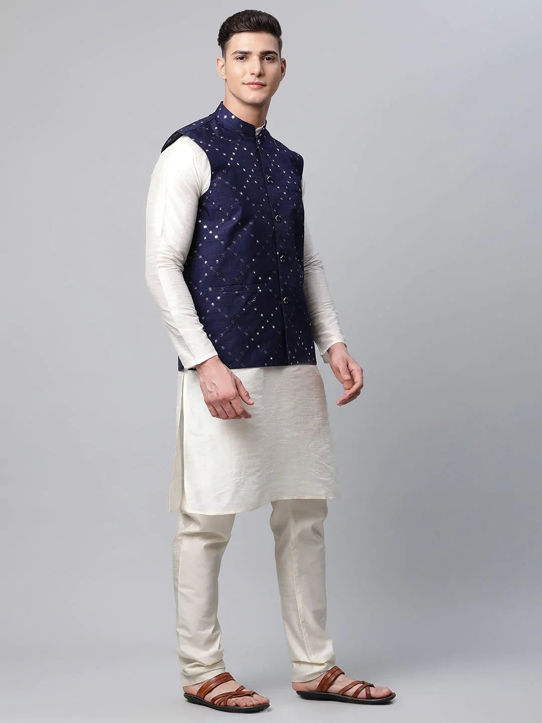 DesiQlo Men Ethnic Set with waistcoat - Blue - JOKPWC_W-D_4040Navy_S