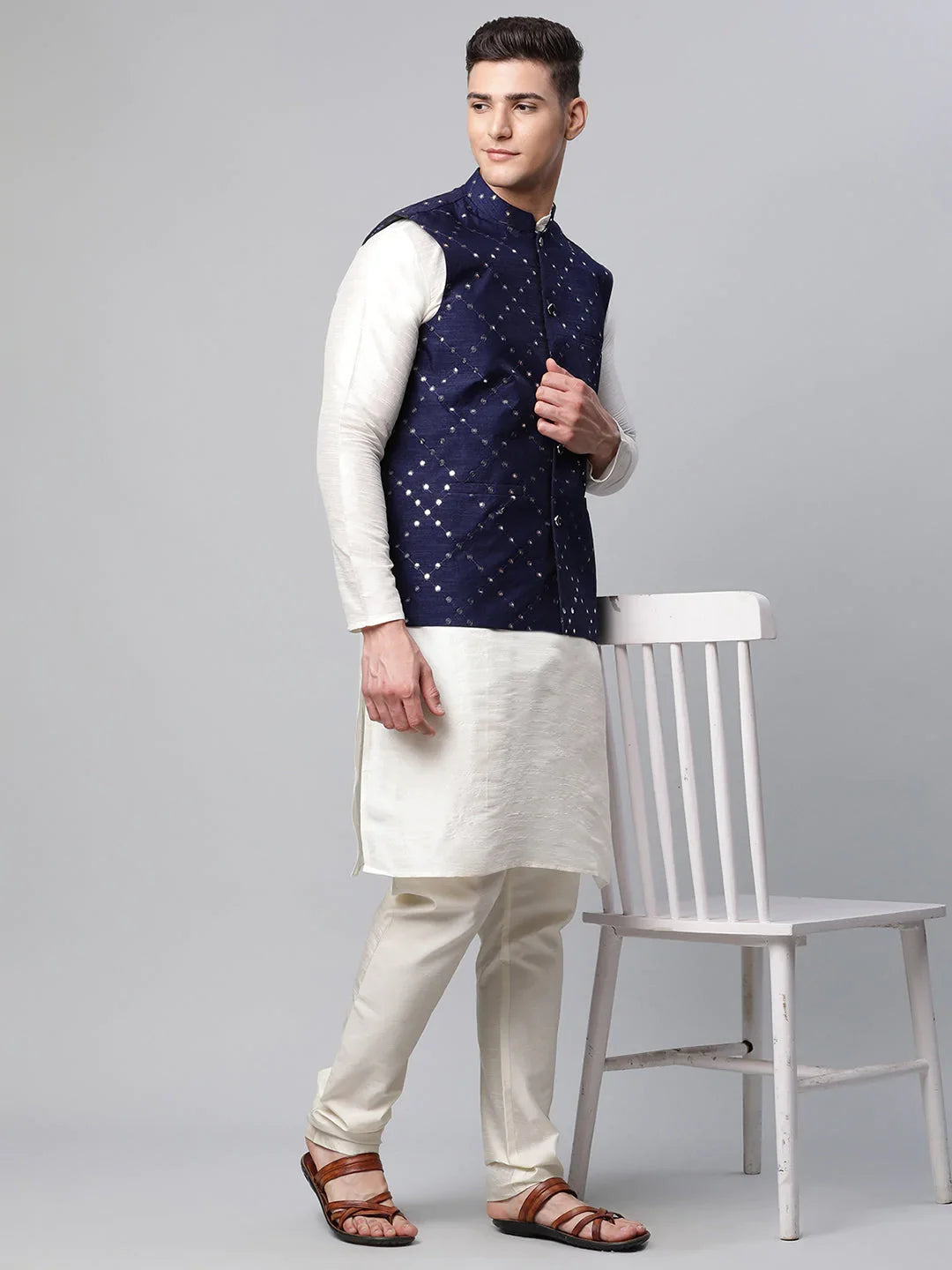 DesiQlo Men Ethnic Set with waistcoat - Blue - JOKPWC_W-D_4040Navy_S