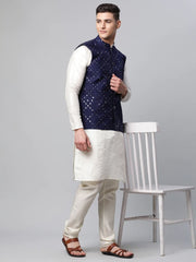 Men Dupion Silk Kurta Pyjama With Navy Mirror Work Nehru Jacket( JOKPWC W-D 4040Navy )