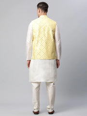 Men Dupion Silk Kurta Pyjama With Yellow Mirror Work Nehru Jacket( JOKPWC W-D 4040Yellow )