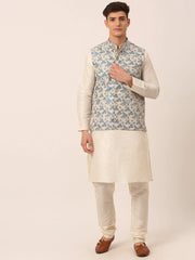 Men's Solid Kurta Pyjama With Blue Floral Embroidered Nehru Jacket( JOKPWC W-D 4042Blue )