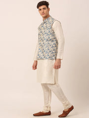 Men's Solid Kurta Pyjama With Blue Floral Embroidered Nehru Jacket( JOKPWC W-D 4042Blue )