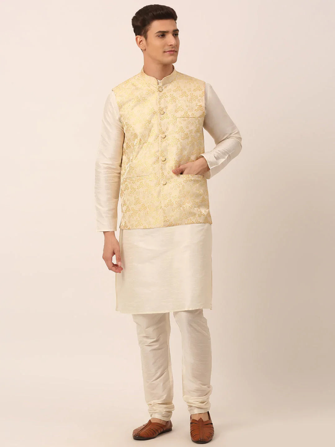 DesiQlo Men Ethnic Set with waistcoat - Gold - JOKPWC_W-D_4042Golden_S