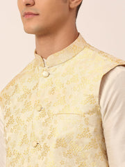 Men's Solid Kurta Pyjama With Golden Floral Embroidered Nehru Jacket( JOKPWC W-D 4042Golden )
