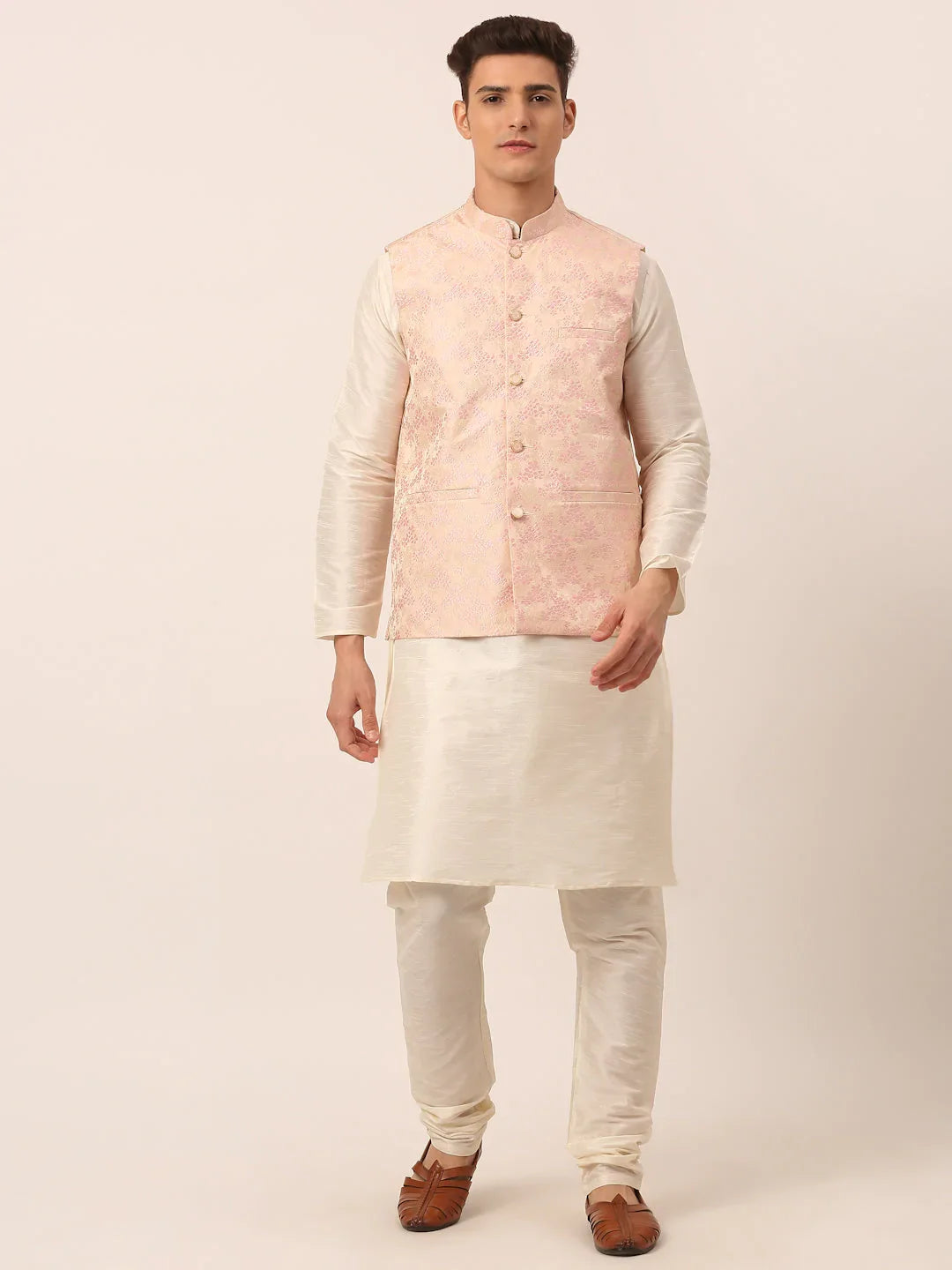 DesiQlo Men Ethnic Set with waistcoat - Pink - JOKPWC_W-D_4042Pink_S