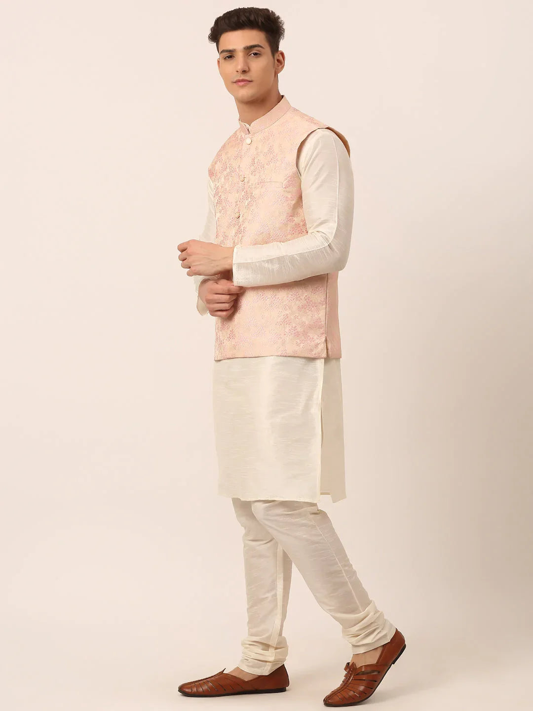 DesiQlo Men Ethnic Set with waistcoat - Pink - JOKPWC_W-D_4042Pink_S