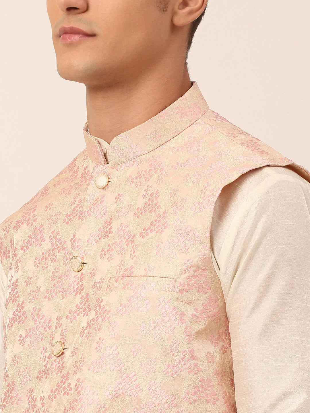 DesiQlo Men Ethnic Set with waistcoat - Pink - JOKPWC_W-D_4042Pink_S