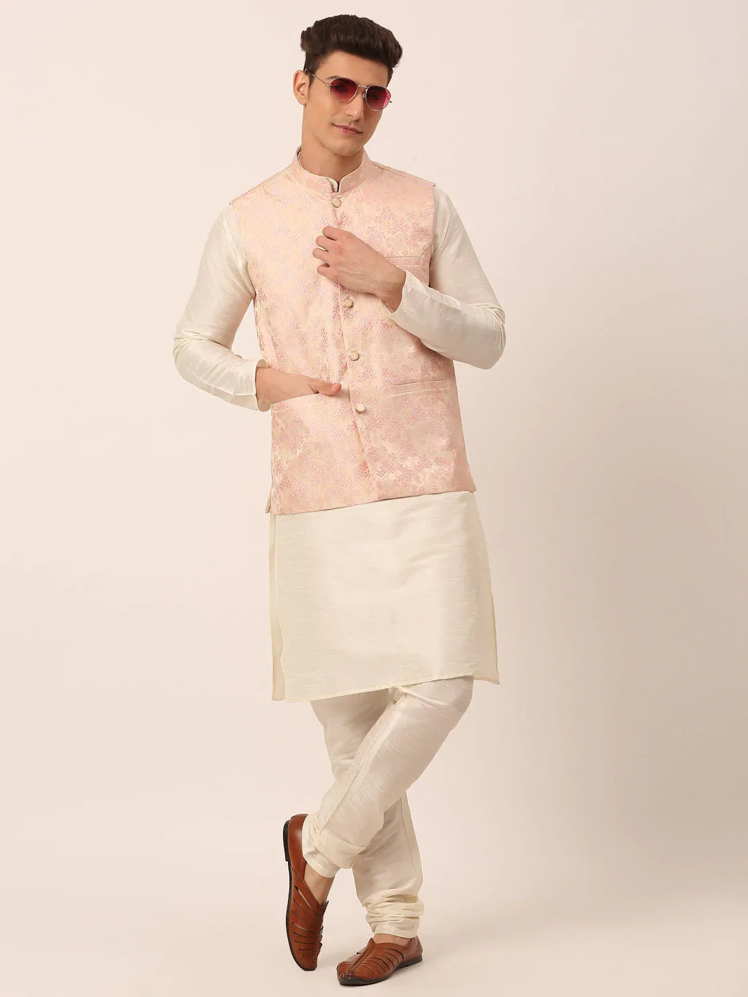 DesiQlo Men Ethnic Set with waistcoat - Pink - JOKPWC_W-D_4042Pink_S