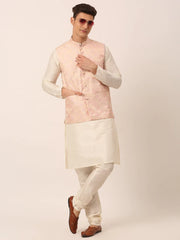 Men's Solid Kurta Pyjama With Pink Floral Embroidered Nehru Jacket( JOKPWC W-D 4042Pink )