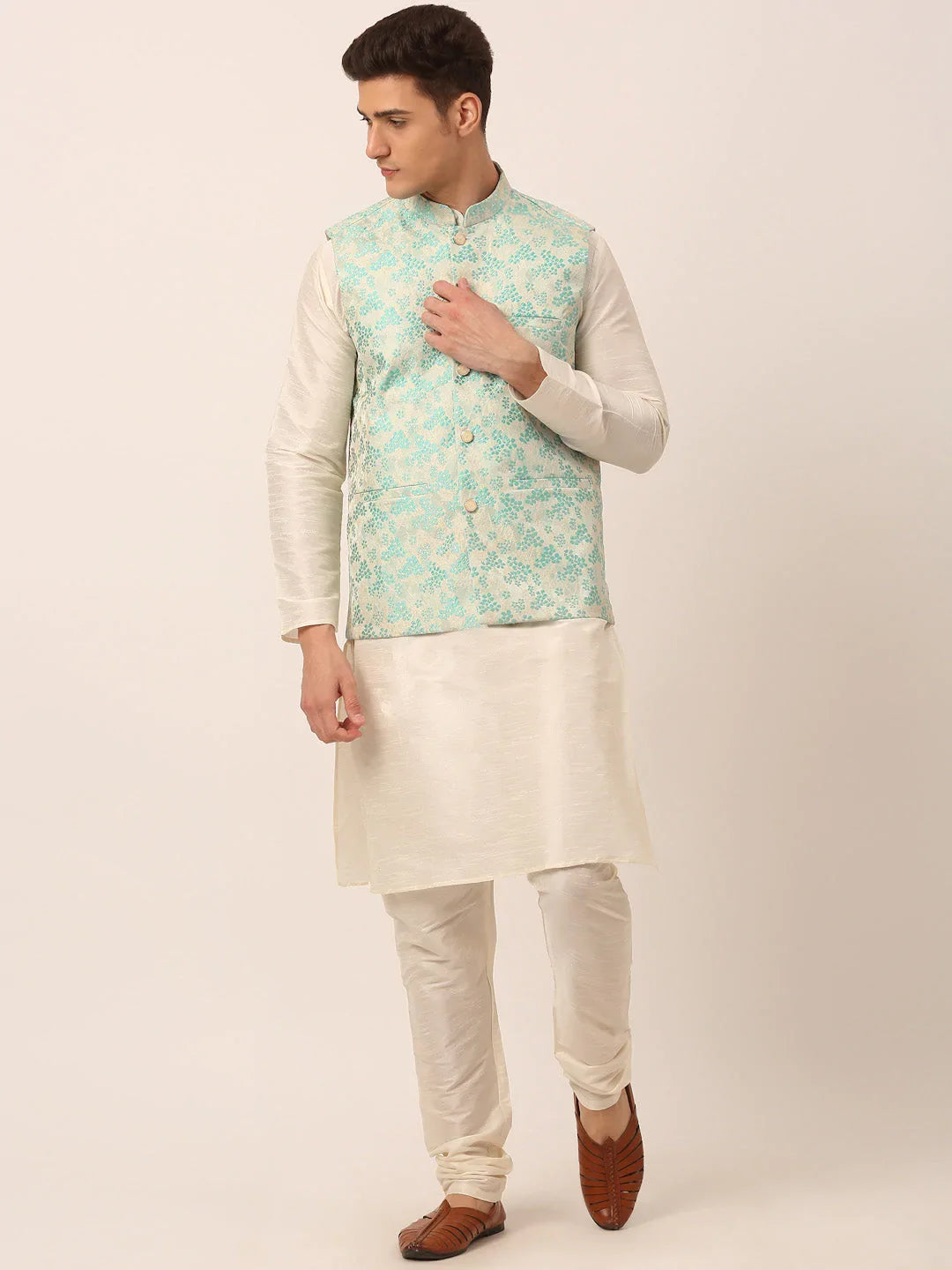 Men's Solid Kurta Pyjama With Sky Blue Floral Embroidered Nehru Jacket( JOKPWC W-D 4042Sky )