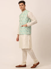 Men's Solid Kurta Pyjama With Sky Blue Floral Embroidered Nehru Jacket( JOKPWC W-D 4042Sky )