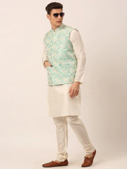 Men's Solid Kurta Pyjama With Sky Blue Floral Embroidered Nehru Jacket( JOKPWC W-D 4042Sky )