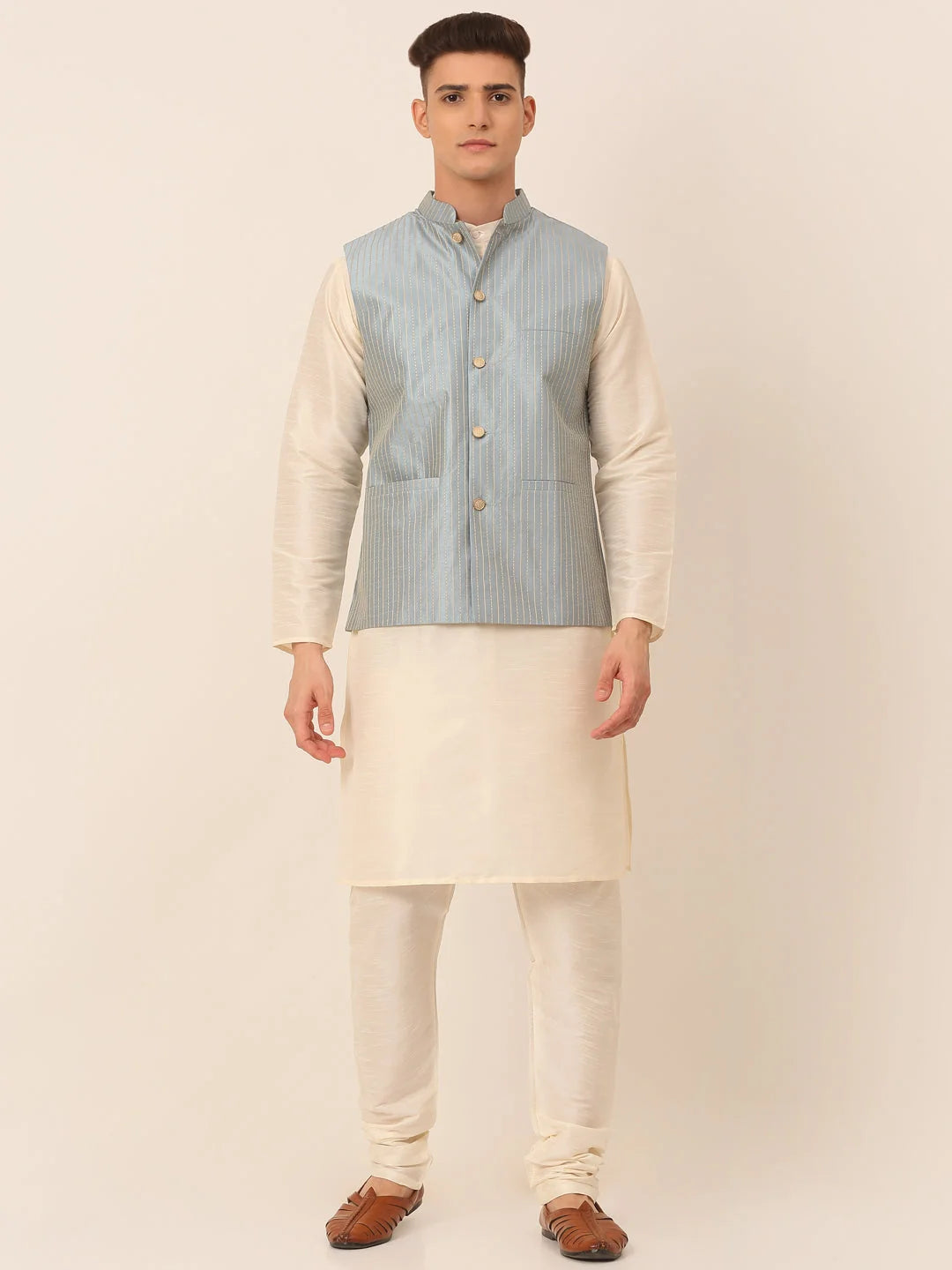 Men's Solid Kurta Pyjama With Striped Embroidered Nehru Jacket ( JOKPWC W-D 4043Blue )-JOKPWC-W-D-4043