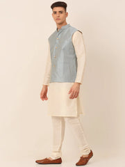 Men's Solid Kurta Pyjama With Striped Embroidered Nehru Jacket ( JOKPWC W-D 4043Blue )-JOKPWC-W-D-4043