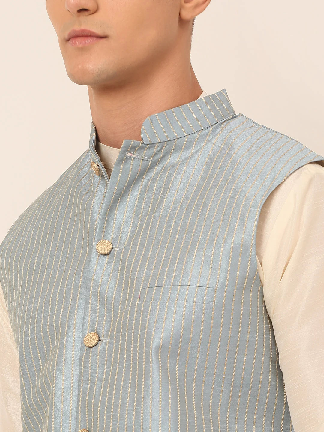 Stylish Mens Kurta Pajama Set with Striped Nehru Jacket - Blue