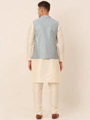 Men's Solid Kurta Pyjama With Striped Embroidered Nehru Jacket ( JOKPWC W-D 4043Blue )-JOKPWC-W-D-4043