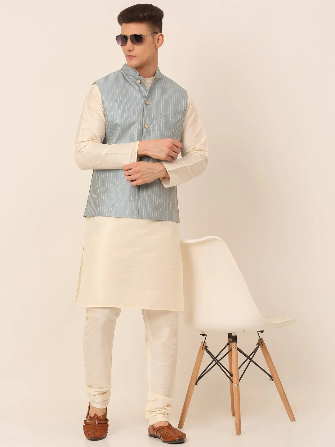 Stylish Mens Kurta Pajama Set with Striped Nehru Jacket - Blue