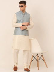 Men's Solid Kurta Pyjama With Striped Embroidered Nehru Jacket ( JOKPWC W-D 4043Blue )-JOKPWC-W-D-4043