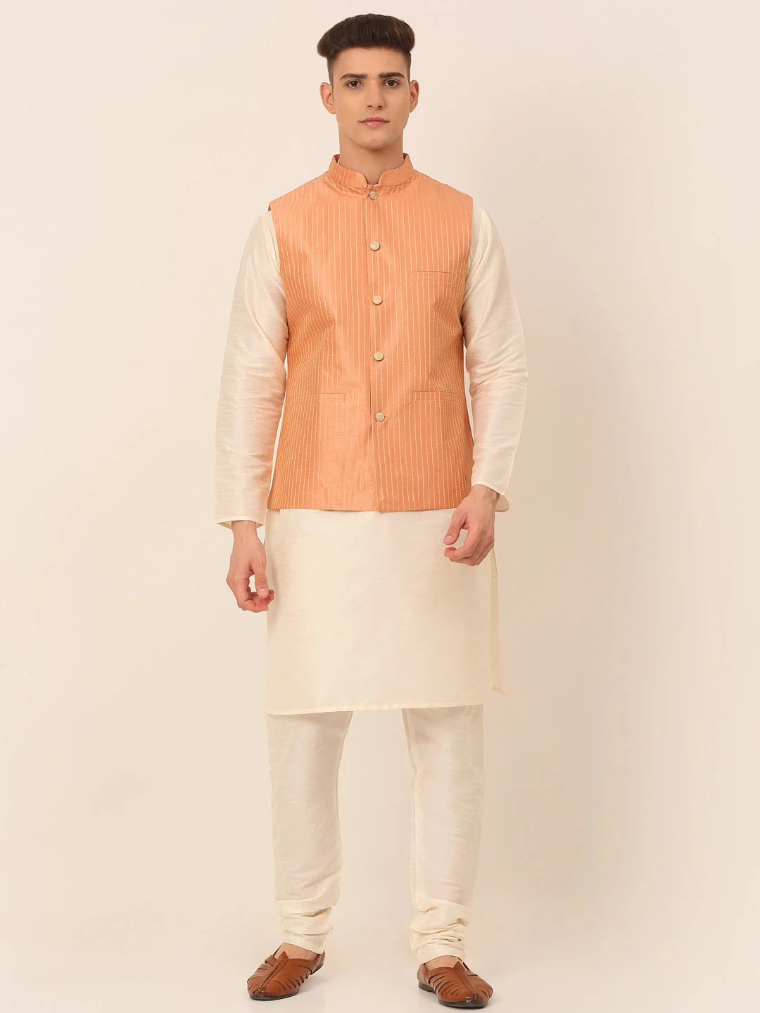 Peach Mens Kurta Pajama with Striped Nehru Jacket - Cotton Set