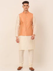 Men's Solid Kurta Pyjama With Striped Embroidered Nehru Jacket ( JOKPWC W-D 4043Peach )-JOKPWC-W-D-4043