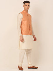Men's Solid Kurta Pyjama With Striped Embroidered Nehru Jacket ( JOKPWC W-D 4043Peach )-JOKPWC-W-D-4043